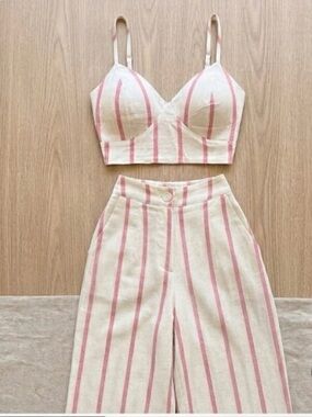 NEW Brazilian Boutique Linen 2-Piece Set: Wide Leg Pants & Crop Top